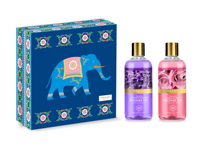 Exotic Floral Shower Gels Gift Box – Enachanting Rose & Mogra 300 Ml & Heavenly Lavender & Rosemary 300 Ml (Royal Elephant) ( 300 Ml X 2 )