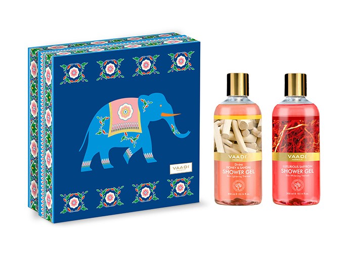 Royal India Shower Gels Gift Box – Luxurious Saffron 300 Ml & Divine Honey & Sandal 300 Ml (Royal Elephant) ( 300 Ml X 2 )